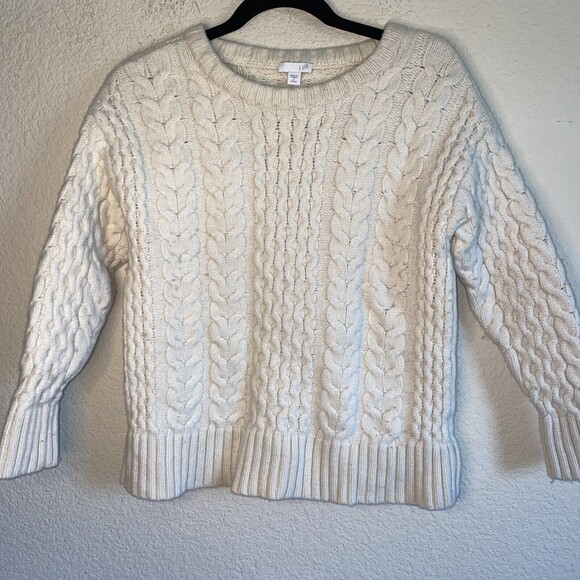 J Jill Lambs Wool sweater cable chunky fisherman S Ivory Nordic preppy Lagen - Picture 1 of 7